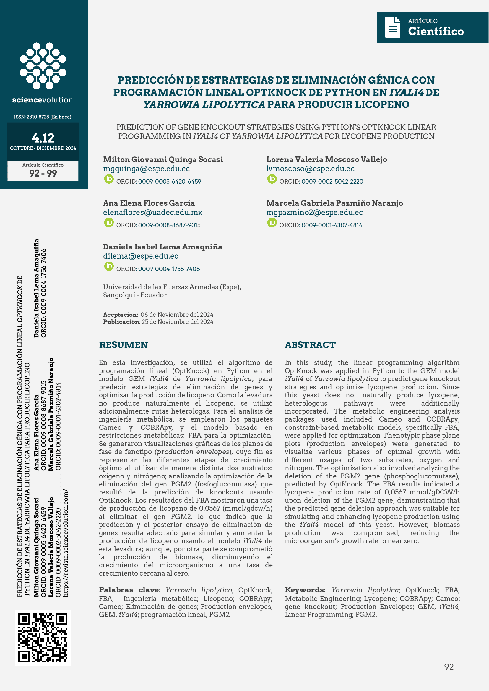 Portada de Predicción de estrategias de eliminación génica con programación lineal optknock de python en Iyali4 de Yarrowia Lipolytica para producir licopeno