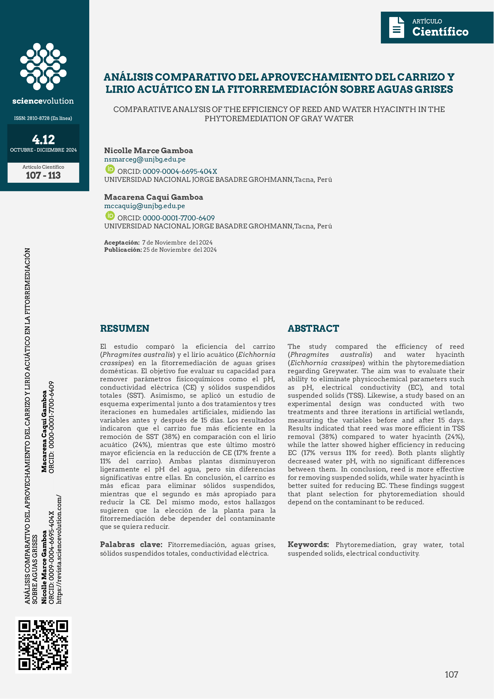 Portada de Artículo Análisis comparativo del aprovechamiento del carrizo y lirio acuático en la fitorremediación sobre aguas grises