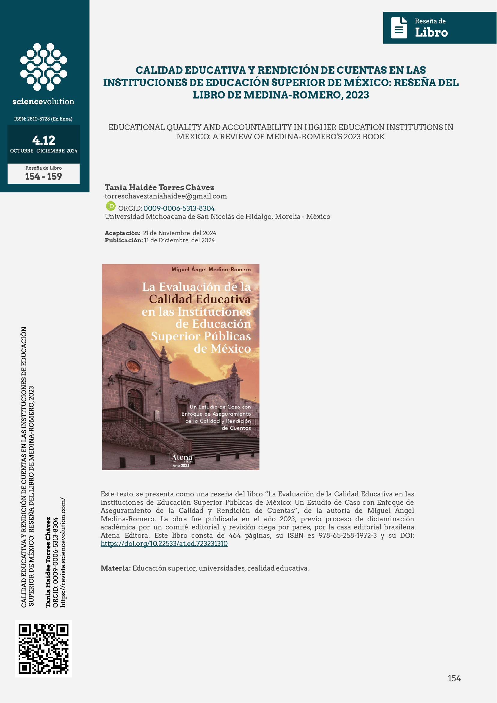 CALIDAD EDUCATIVA Y RENDICIÓN DE CUENTAS EN LAS INSTITUCIONES DE EDUCACIÓN SUPERIOR DE MÉXICO: RESEÑA DEL LIBRO DE MEDINA-ROMERO, 2023 Portada