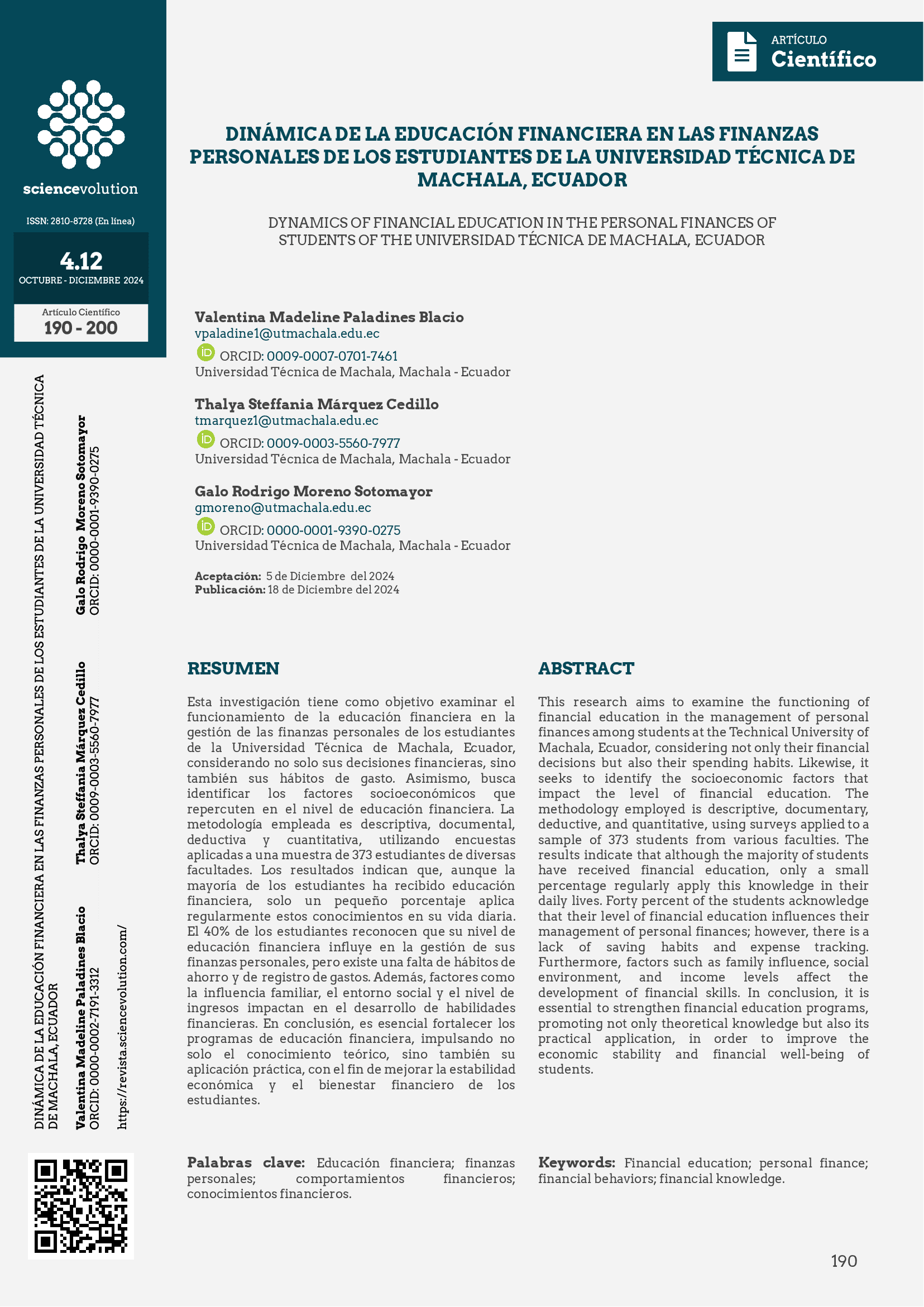 DINÁMICA DE LA EDUCACIÓN FINANCIERA EN LAS FINANZAS PERSONALES DE LOS ESTUDIANTES DE LA UNIVERSIDAD TÉCNICA DE MACHALA, ECUADOR ´PORTADA