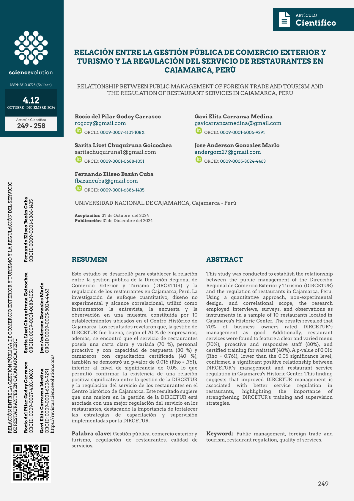 PORTADA-RELACIÓN ENTRE LA GESTIÓN PÚBLICA DE COMERCIO EXTERIOR Y TURISMO Y LA REGULACIÓN DEL SERVICIO DE RESTAURANTES EN CAJAMARCA, PERÚ