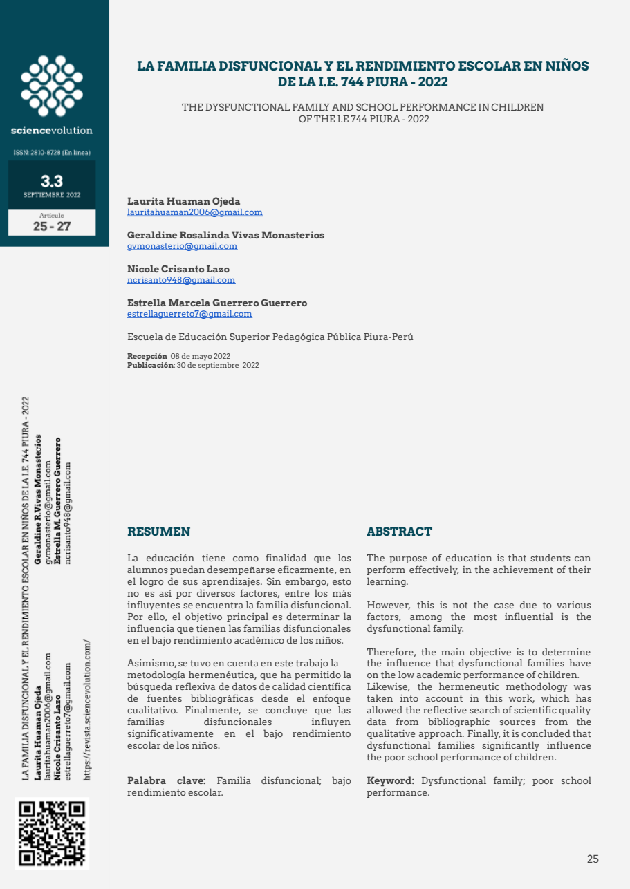 3.3 25-27 PORTADA LA FAMILIA DISFUNCIONAL Y EL RENDIMIENTO ESCOLAR EN NIÑOS DE LA I.E. 744 PIURA - 2022