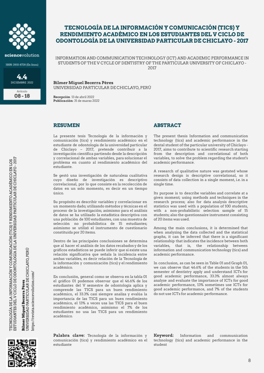 4.4 8-18 PORTADA TECNOLOGÍA DE LA INFORMACIÓN Y COMUNICACIÓN (TICS) Y RENDIMIENTO ACADÉMICO EN LOS ESTUDIANTES DEL V CICLO DE ODONTOLOGÍA DE LA UNIVERSIDAD PARTICULAR DE CHICLAYO - 2017