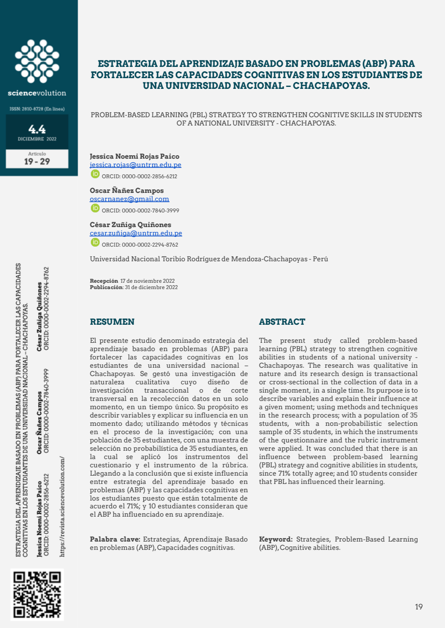 4.4 19-29 Portada ESTRATEGIA DEL APRENDIZAJE BASADO EN PROBLEMAS (ABP) PARA FORTALECER LAS CAPACIDADES COGNITIVAS EN LOS ESTUDIANTES DE UNA UNIVERSIDAD NACIONAL – CHACHAPOYAS