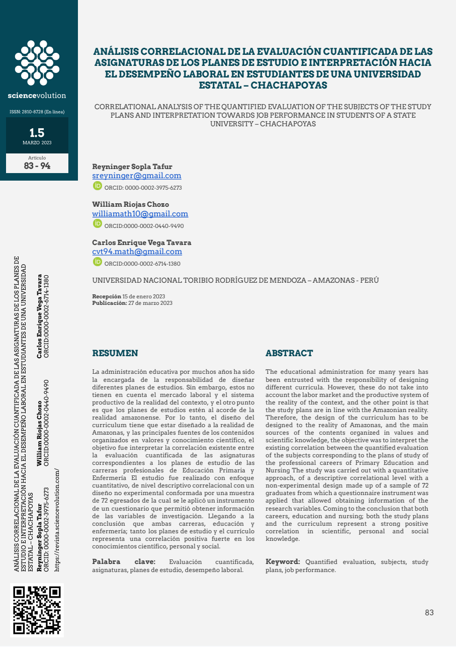ANÁLISIS CORRELACIONAL DE LA EVALUACIÓN CUANTIFICADA DE LAS ASIGNATURAS DE LOS PLANES DE ESTUDIO E INTERPRETACIÓN HACIA EL DESEMPEÑO LABORAL EN ESTUDIANTES DE UNA UNIVERSIDAD ESTATAL – CHACHAPOYAS PORTADA
