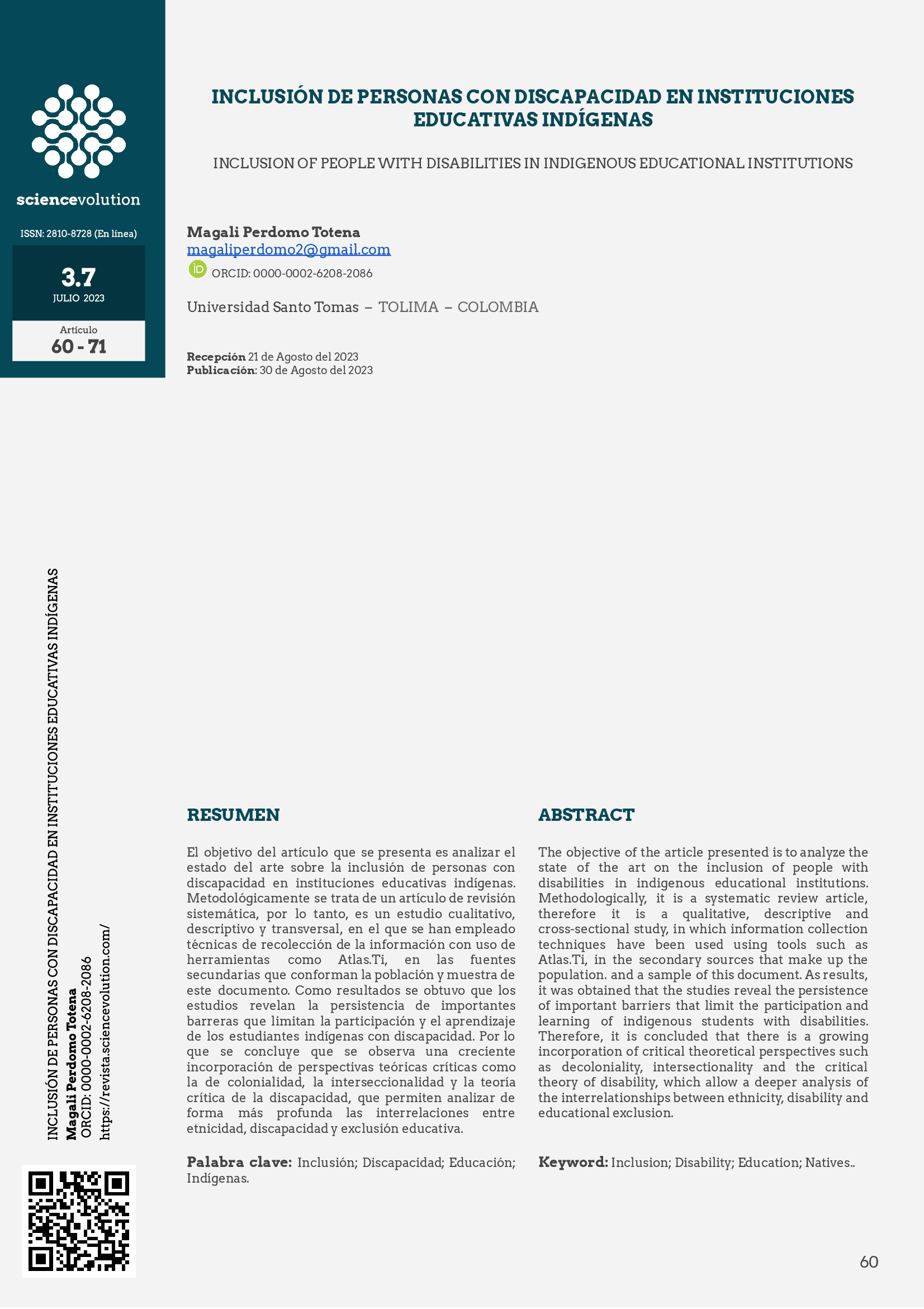 Portada Artículo Inclusión de personas con discapacidad en instituciones educativas indígenas