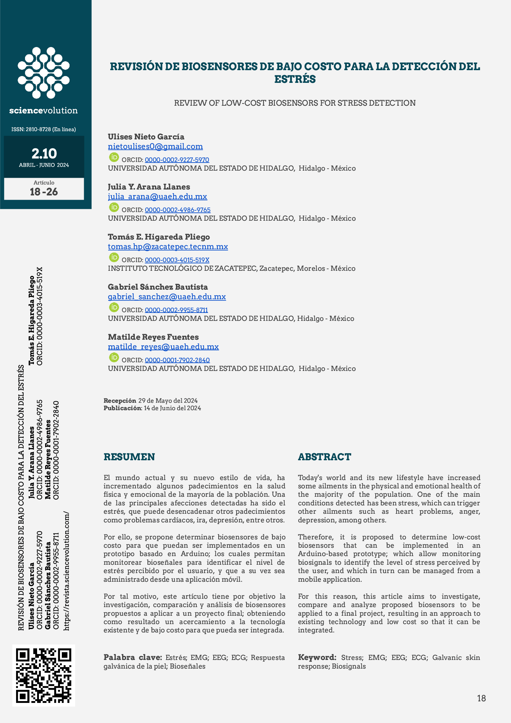 Portada de Artículo ​​Revisión de biosensores de bajo costo para la detección del estrés