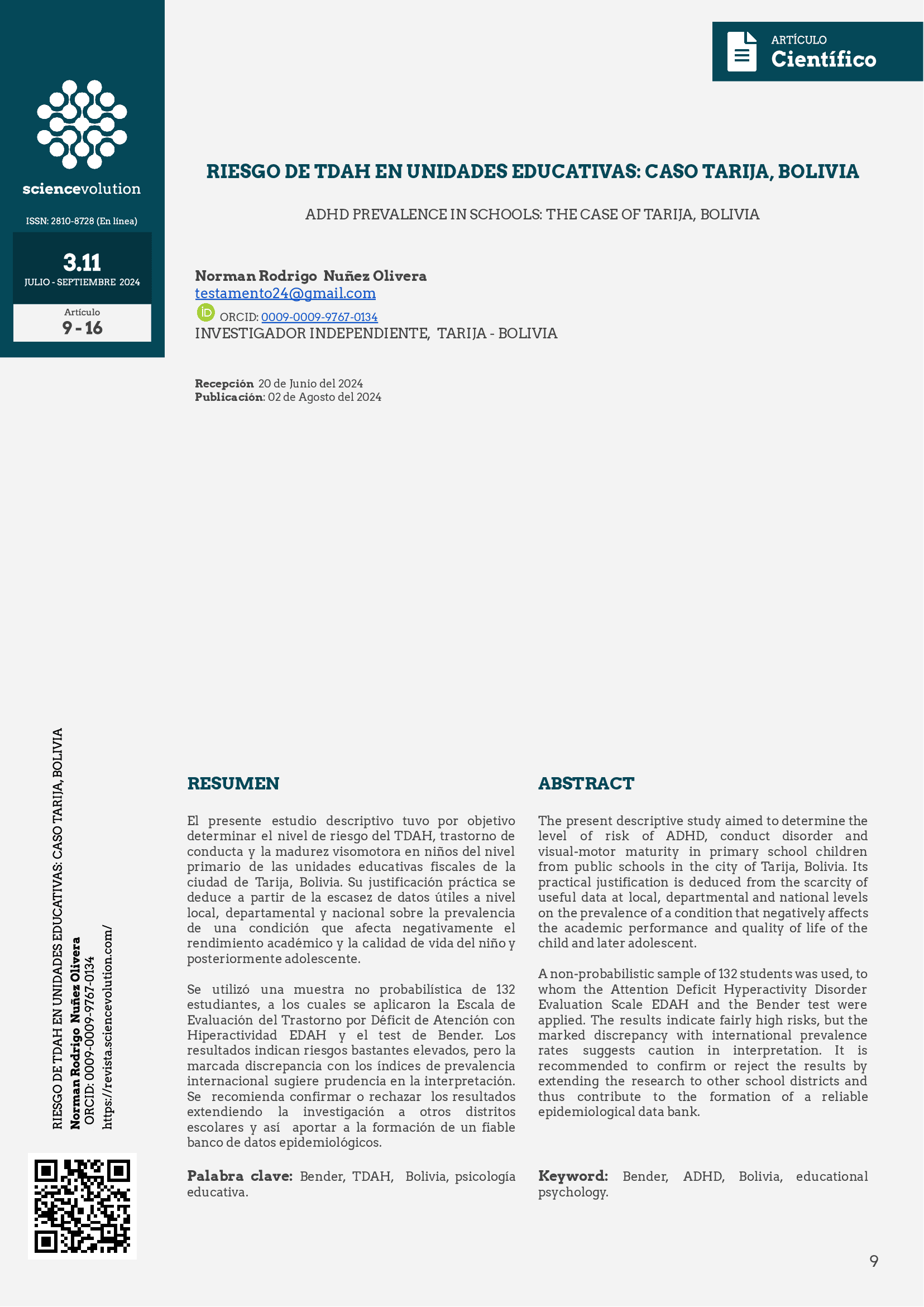 Portada de Artículo: RIESGO DE TDAH EN UNIDADES EDUCATIVAS: CASO TARIJA, BOLIVIA