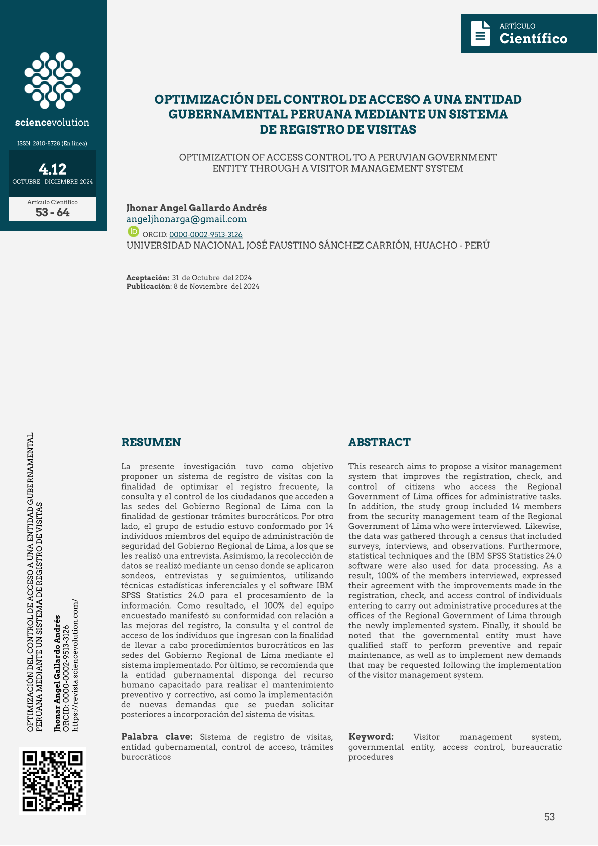 Optimización del control de acceso a una entidad gubernamental peruana mediante un sistema de registro de visitas