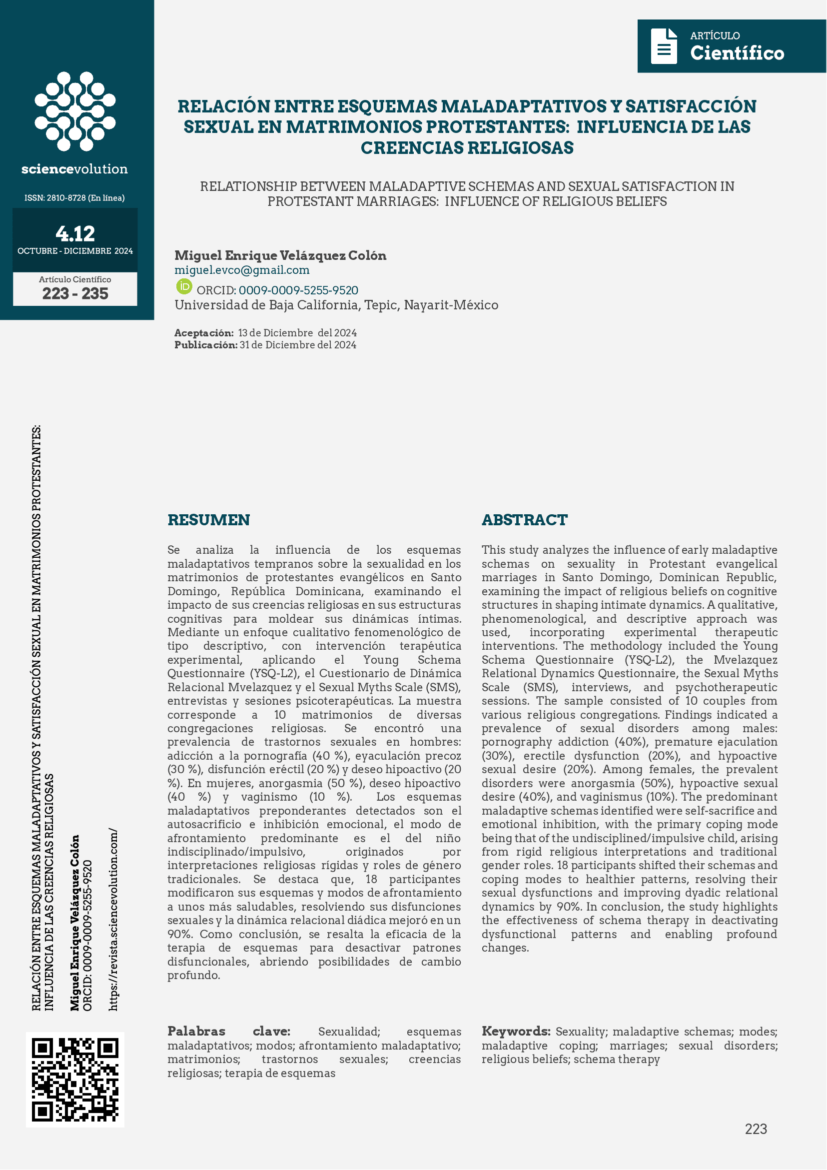EFECTOS DE LOS ESQUEMAS MALADAPTATIVOS TEMPRANOS EN LA SATISFACCIÓN SEXUAL DE LOS MATRIMONIOS DE PROTESTANTES EVANGÉLICOS: INFLUENCIA DE LAS CREENCIAS RELIGIOSAS PORTADA