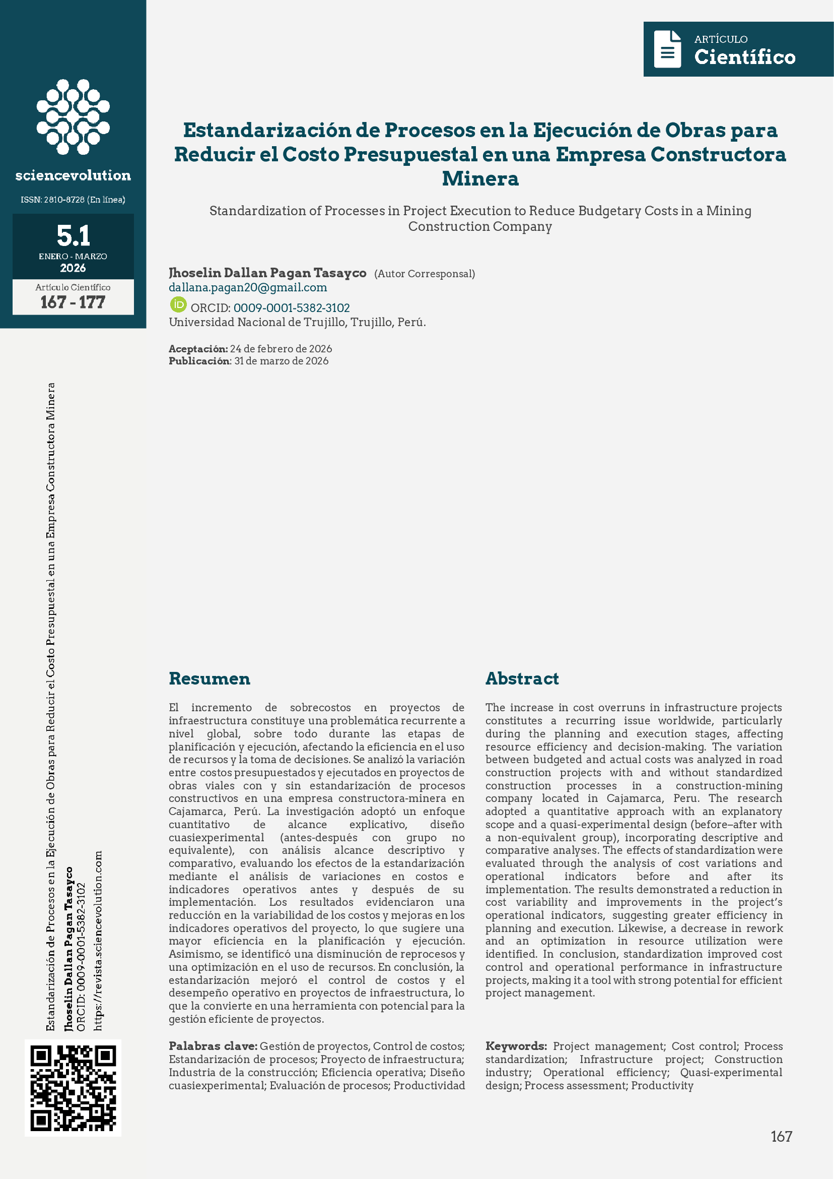 Portada de Artículo Estandarización de Procesos en la Ejecución de Obras para  Reducir el Costo Presupuestal en una Empresa Constructora  Minera 