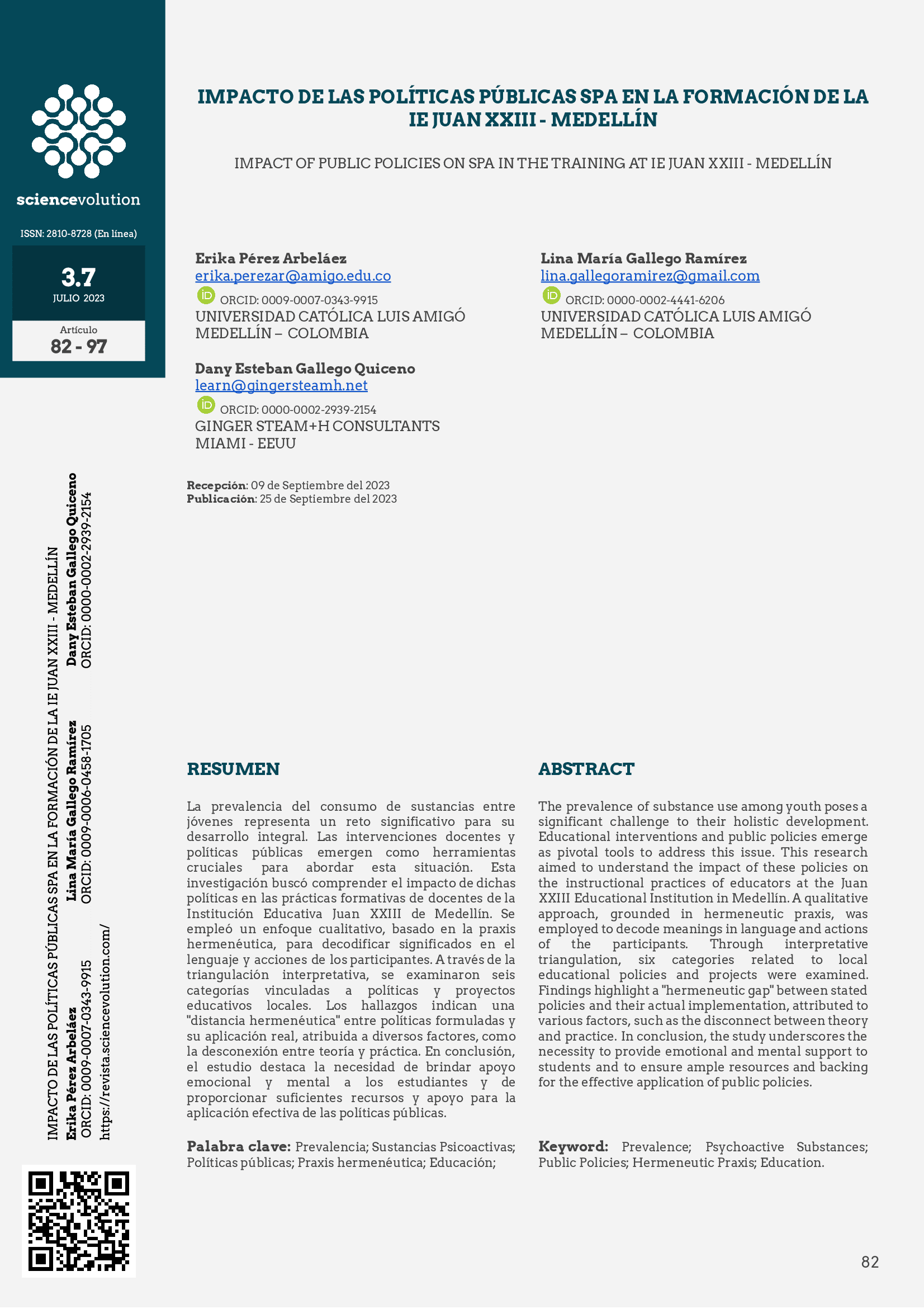 Portada Artículo Impacto de las políticas públicas SPA en la formación de la IE Juan XXIII-Medellín