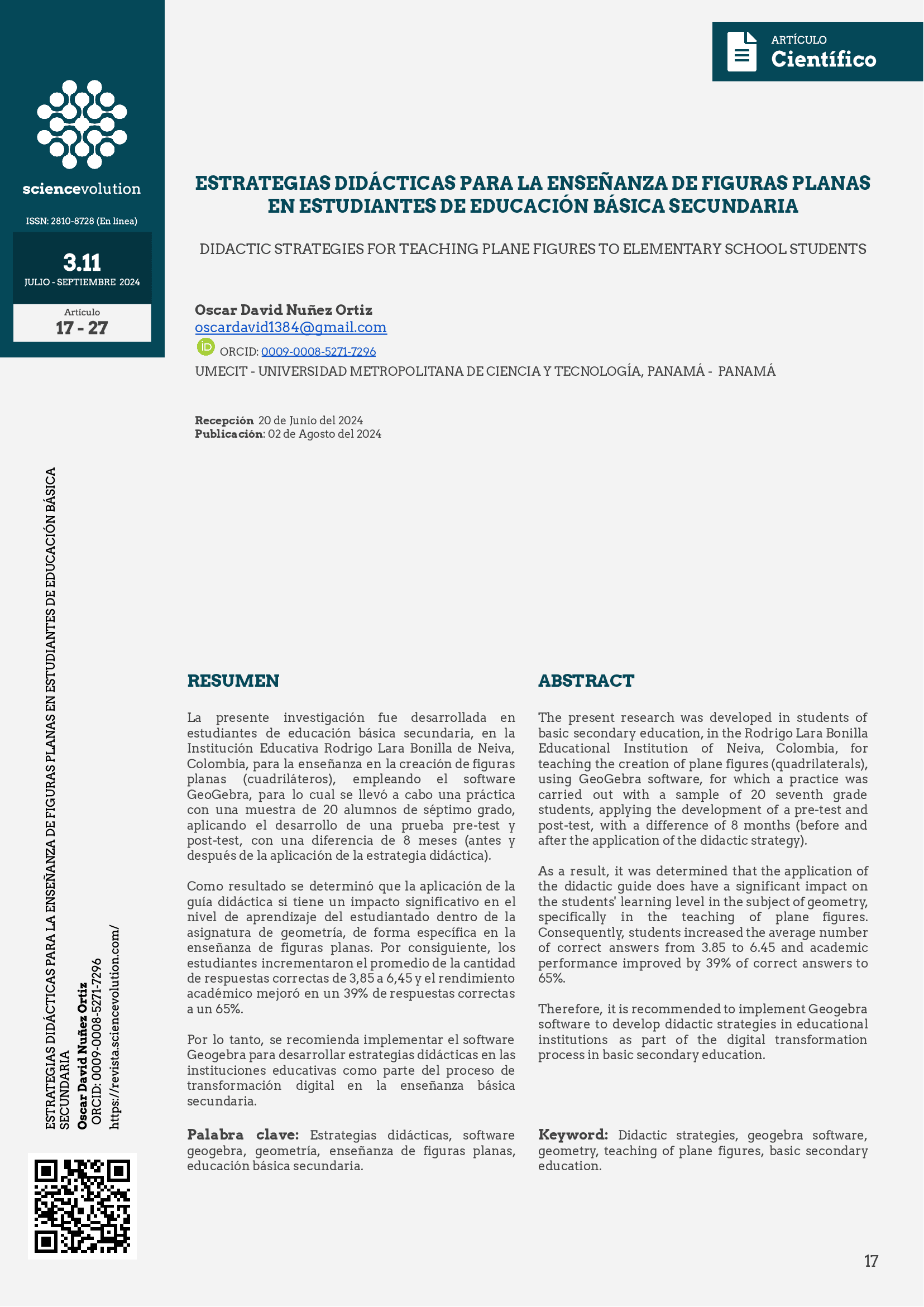 Portada de artículo: ESTRATEGIAS DIDÁCTICAS PARA LA ENSEÑANZA DE FIGURAS PLANAS EN ESTUDIANTES DE EDUCACIÓN BÁSICA SECUNDARIA