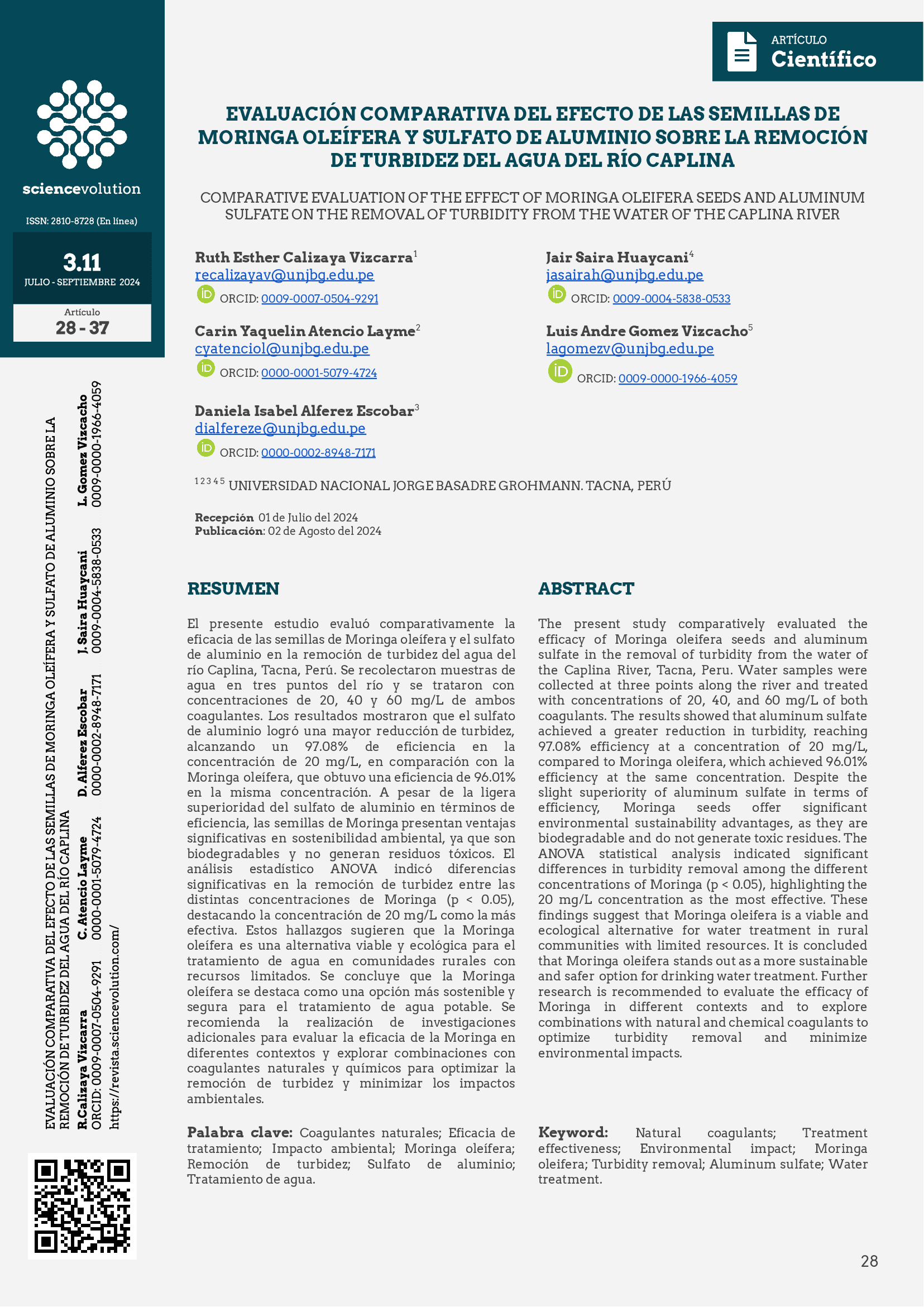 PORTADA EVALUACIÓN COMPARATIVA DEL EFECTO DE LAS SEMILLAS DE MORINGA OLEÍFERA Y SULFATO DE ALUMINIO SOBRE LA REMOCIÓN DE TURBIDEZ DEL AGUA DEL RÍO CAPLINA